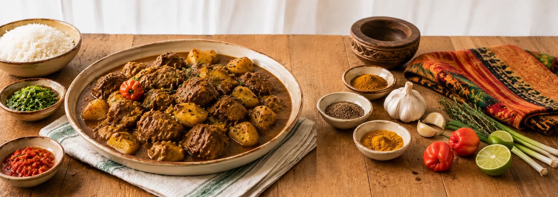 Caribbean goat curry with potatoes, rice, herbs and spices