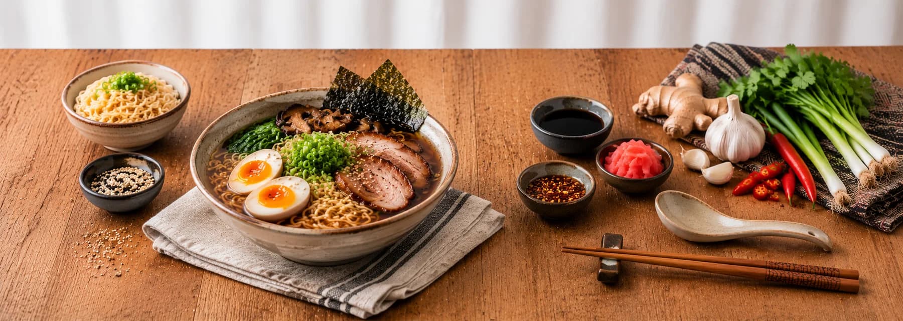 Ramen bowl with pork, egg, seaweed and fresh aromatics