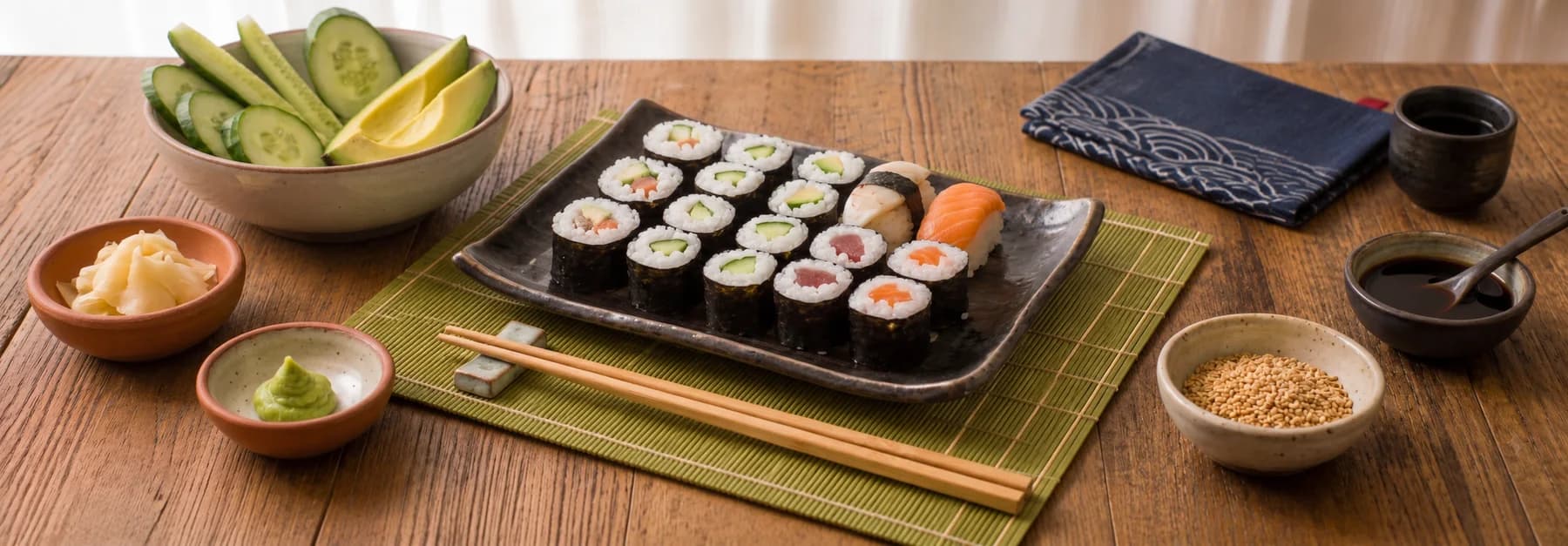 Sushi platter with avocado, cucumber, ginger and wasabi