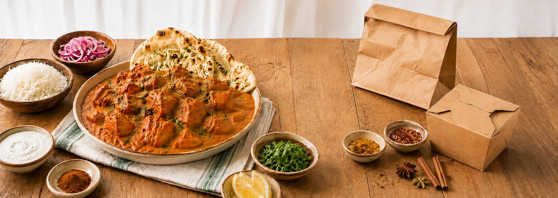 Creamy chicken curry with rice, naan and takeaway boxes