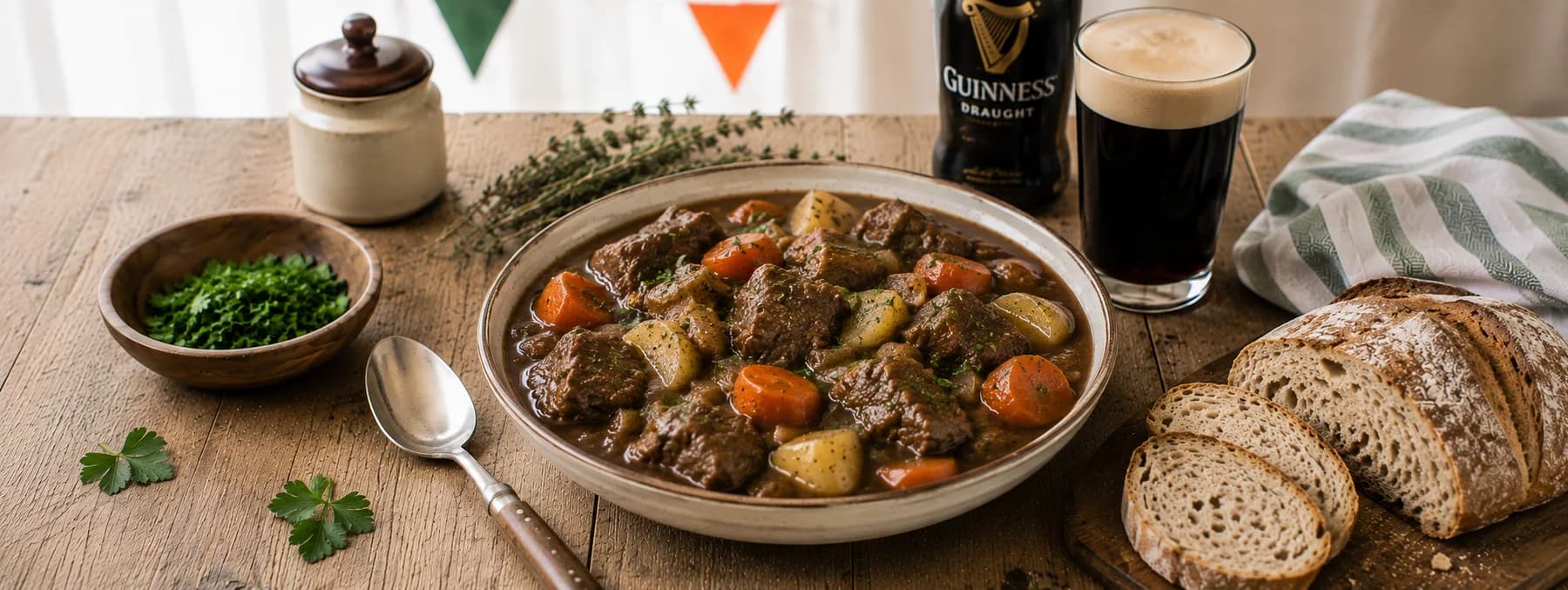 Irish beef and Guinness stew with bread and herbs