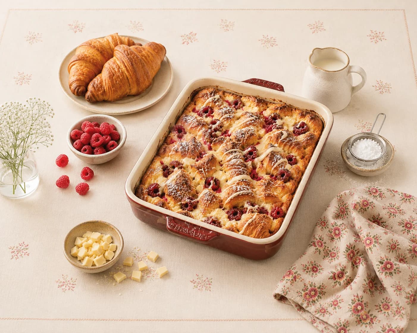 Raspberry croissant pudding with cream and fresh berries