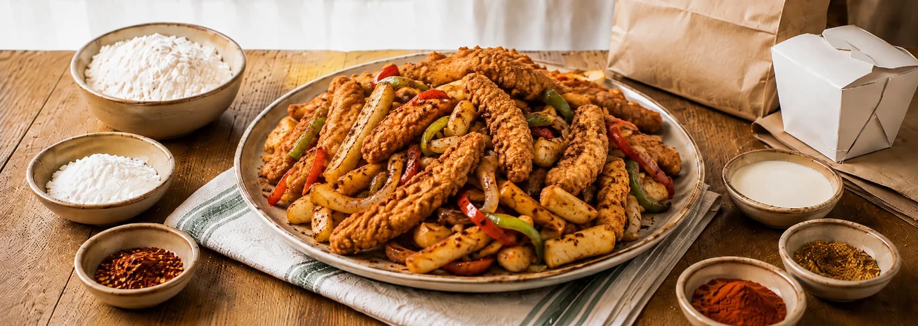 Spiced chicken and chips with peppers and takeaway boxes