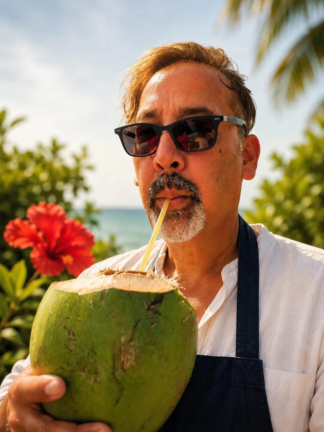 Chef Dualtagh enjoying a fresh coconut in the sunshine