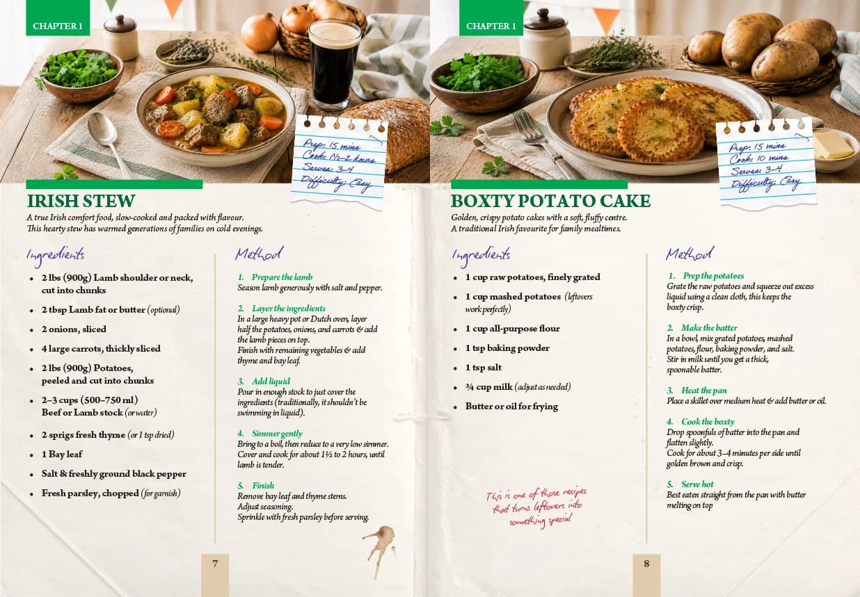 Cookbook pages with Irish stew and boxty potato cake recipes