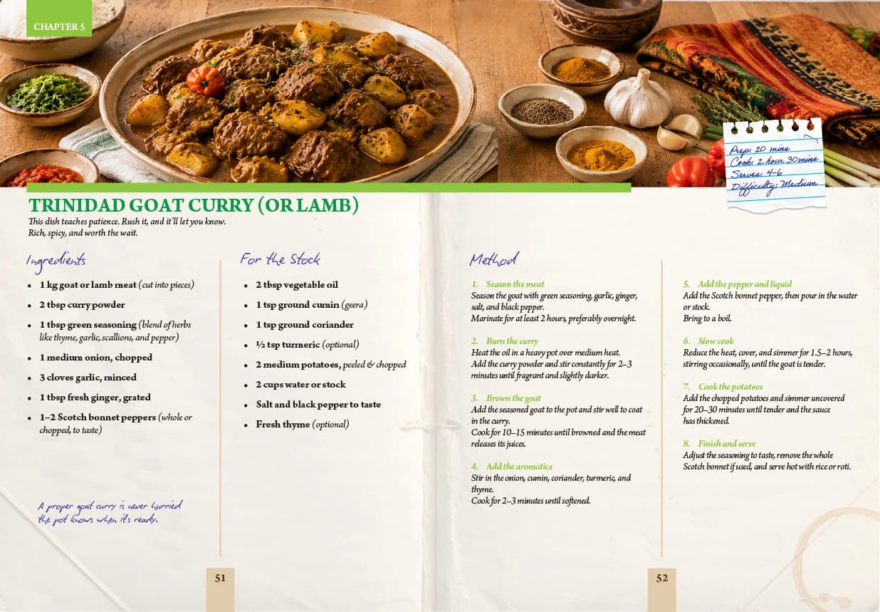 Cookbook spread with Trinidad goat curry recipe