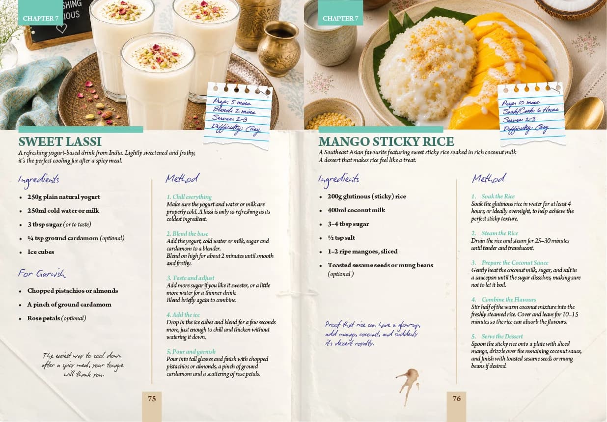 Cookbook pages with sweet lassi and mango sticky rice recipes