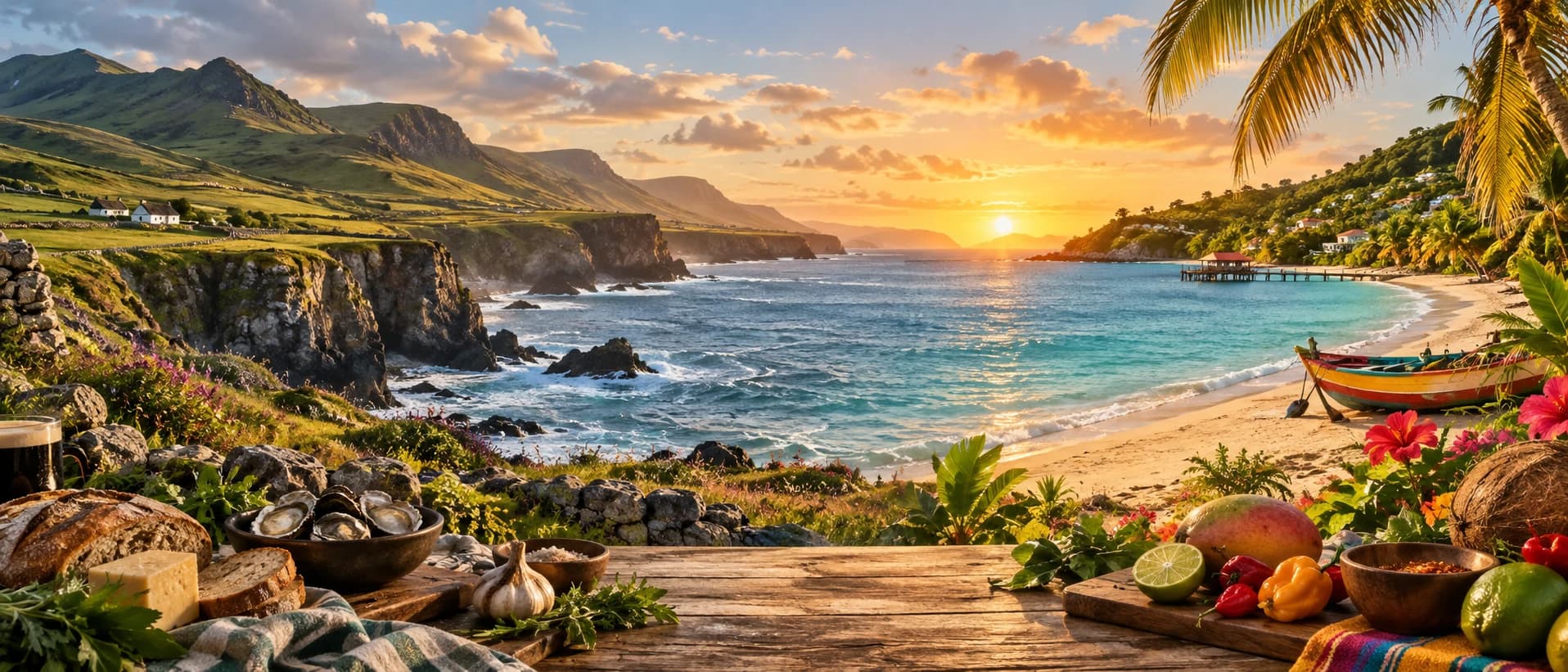 Irish mountains and rugged coastline flowing into a Caribbean beach with palms and tropical water